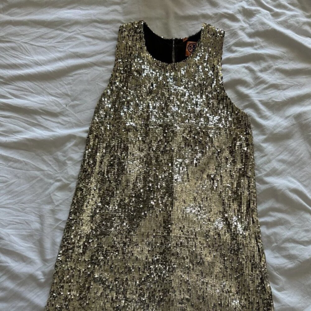 Tory Burch Gold Sequin Mini Holiday Dress S Serena van der Woodsen Gossip Girl